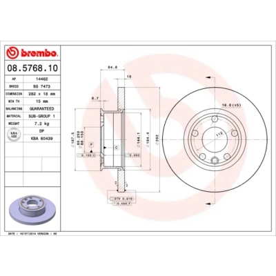 Abbildung von BREMBO 08.5768.10 Bremsscheibe 282 18 5 voll VOLKSWAGEN: Transporter 4 Kastenwagen, Bus, Pritsche / Fahrgestell