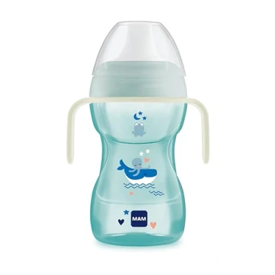 Abbildung von MAM Vaso Fun to Drink D120 Lernbecher mit harter Ausguss, Schutzdeckel und rutschfesten Griffen Deckel für Babys ab 8 Monaten, 270 ml, Blau (Ausführung kann abweichen)