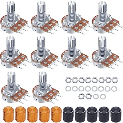 Abbildung von Taiss / 10pcs B100K Ohm Linear Potentiometer 3 Klemmen Rotary Audio B Typ Potentiometer, Lautstärkeregler + Knopf (Schwarz und Gold je 5)