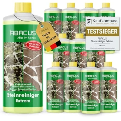Abbildung von ABACUS Steinreiniger Extrem, Flechtenentferner, Intensiv außen Grünbelagentferner (Entfernt sofort Algen, Schmutz, Grünbelag und Flechten, [ 12x1000ml Extrem mit Sofortwirkung)