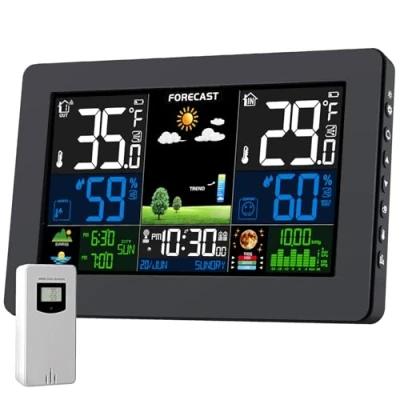 Abbildung von VOKSUN Wetterstation Funk mit Außensensor, Farbdisplay, Thermometer Hygrometer Wettervorhersage, DCF Funkuhr, Batteriebetrieb und Netzbetrieb