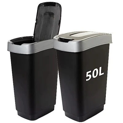 Abbildung von SUSTANIA Mülleimer Duo Küche 2x 50 L Abfalleimer mit Schwingdeckel, Robust Recycelbarer Kunststoff, Schwarz/Silber
