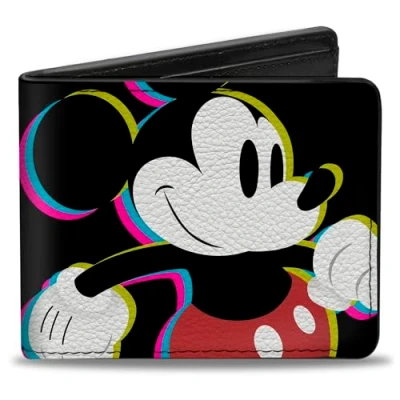 Abbildung von Buckle Down Herren Disney Geldbörse, Bifold, CMYK Mickey Mouse Walking Pose Pixel Text Black Multi Neon, veganes Leder, Mehrfarbig, Standardgröße, Standard größe