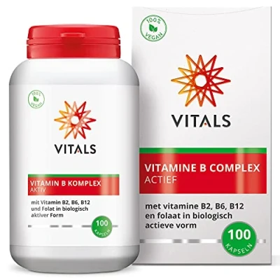 Abbildung von Vitals Vitamin B Komplex Aktiv 100 Kapseln mit B1, B2, B3, B5, B6, B12, Biotin, Cholin, Inositol, PABA und Folat in Biologisch Aktiver Form. 100% Vegan.
