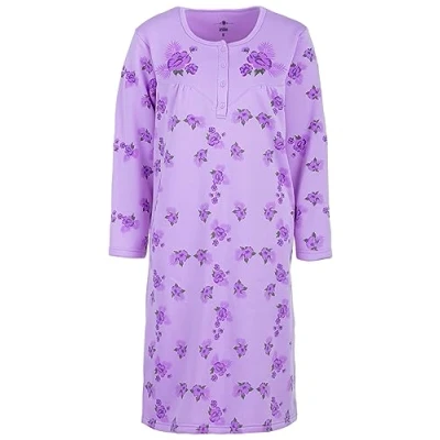 Abbildung von Nachthemd Damen Thermo Langarm Blumen Winter Knöpfe Größe M L XL XXL, Größe:M, Farbe:Flieder