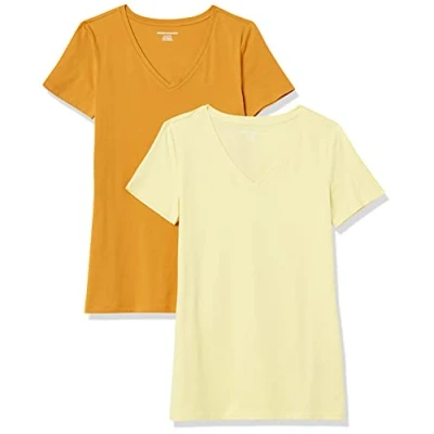 Abbildung von Amazon Essentials Damen Kurzärmeliges T Shirt mit V Ausschnitt, Klassischer Schnitt, 2er Pack, Goldgelb/Hellgelb, L
