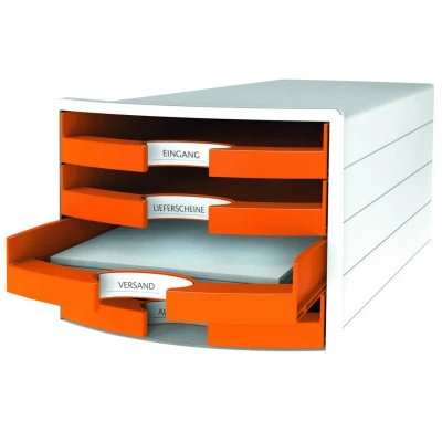 Abbildung von HAN Schubladenbox IMPULS 2.0 mit 4 offenen Schubladen für DIN A4/C4 inkl. Beschriftungsschilder, Auszugsperre, möbelschonende Gummifüße, Design in premium Qualität, 1013 51, weiß / orange