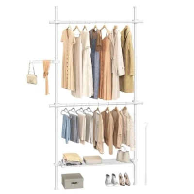Abbildung von SONGMICS Teleskopstange Kleiderständer, 3 stufige Garderobe, höhen und breitenverstellbar, offener Kleiderschrank mit 2 Kleiderstangen abnehmbarer Ablage, Greifarm, mattweiß HSR136W01
