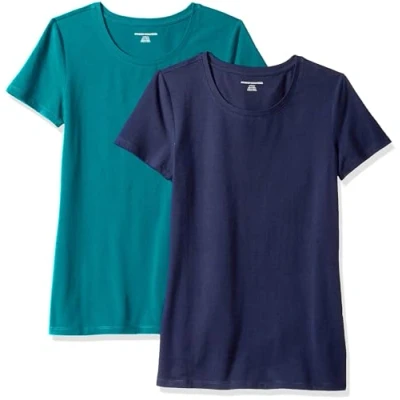 Abbildung von Amazon Essentials Damen Kurzärmeliges T Shirt mit Rundhalsausschnitt, Klassischer Schnitt, 2er Pack, Dunkelgrün/Marineblau, XXL