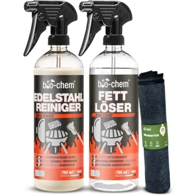 Abbildung von bio chem Fettlöser Set 3 teilig: 750 ml + Edelstahlreiniger Mikrofasertuch I Schonende Reiniger für Edelstahl &amp; Aluminium an Grill Küche mit langanhaltender Pflege Made IN DE