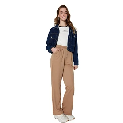 Abbildung von Trendyol Damen Damenhose, Taille, weites Bein, normale Passform, bescheidene Trainingshose Hose, camel, 46