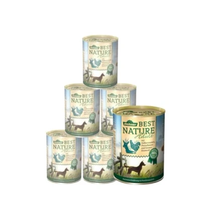 Abbildung von Dehner Best Nature Hundefutter, Nassfutter getreidefrei, für ausgewachsene Hunde, Wild / Huhn Nudeln, 6 x 400 g Dose (2.4 kg)