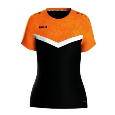 Abbildung von JAKO ICONIC T Shirt Schwarz, Neon Orange, Gr.40 Funktionsshirt Damen Kurzarm, Nachhaltiges Sport aus 100% recyceltem Polyester, Feuchtigkeitstransportierend und atmungsaktiv