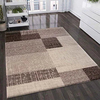 Abbildung von VIMODA Wohnzimmer Teppich Kurzflor in Beige Braun Designer Teppiche Modern Kachel Optik Kariert Pflegeleicht, Maße:80x150 cm