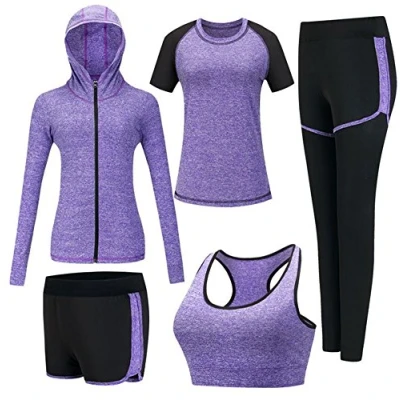 Abbildung von ZETIY Damen Traingsanzug Yoga Kleidung Anzug 5er Set Sportanzüge Jogginganzug Gym Fitness Laufbekleidung Sportswear Sport Outfit BH Leggings Violett XL