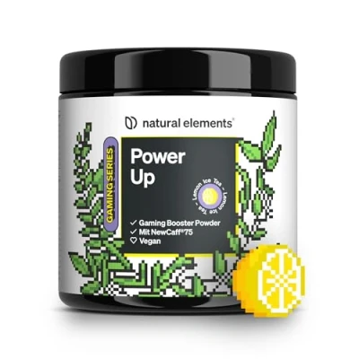 Abbildung von Power Up Lemon Ice Tea Gaming Booster mit Koffein, NewCaff75, B Vitaminen, Vitamin C, L Tyrosin, Ginkgo und Grüntee Extrakt 40 Drinks vegan, hochdosiert, Stevia in Deutschland produziert 320 g