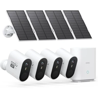 Abbildung von AOSU 3K Überwachungskamera Aussen Solar Akku Set, 5MP 4er Kamera Outdoor WLAN Überwachungs Außen Schärfer als 2K, Ohne ABO, 32G Lokale Homebase, Farb Nachtsicht, Aussenkamera, Automatische Verfolgung