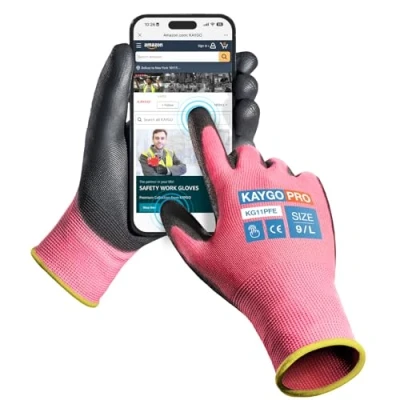 Abbildung von KAYGO 12 Paar Arbeitshandschuhe Touchscreen PU beschichtet Schutzhandschuhe, antirutsch Griff an Handflächen und Fingern, Geeignet für DIY allgemeine Arbeit Gartenarbeit (Rosa, L, Gr 9)