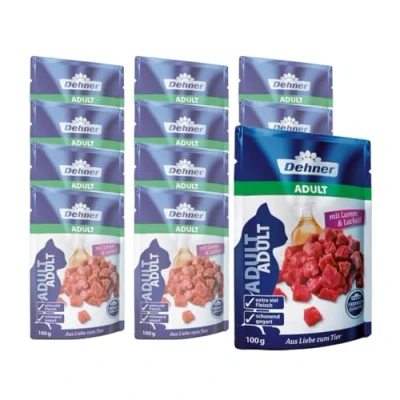 Abbildung von Dehner Premium Katzenfutter, Nassfutter, für ausgewachsene Katzen, Lamm / Lachsöl, 12 x 100 g Beutel(1.2 kg)