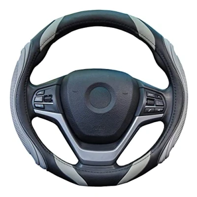 Abbildung von Auto Leder Lenkradbezug Sport Universal 37 38cm Lenkradbezug, Anti rutsch Atmungsaktives Grau