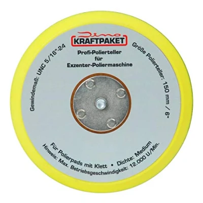 Abbildung von Dino KRAFTPAKET 640223 150mm Stützteller 5/16 24 mit Klett Polierteller für Exzenter Poliermaschine 600W 8mm, 650W 9mm Hub, Gelb