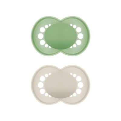 Abbildung von MAM Original Schnuller im 2er Set, zahnfreundlicher Baby aus nachhaltigen &amp; bio erneuerbaren Materialien, Sauger SkinSoft Silikon, mit Schnullerbox, 16+ Monate, grün/beige