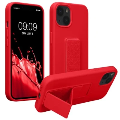 Abbildung von kwmobile Handyhülle kompatibel mit Apple iPhone 13 Hülle Fingerhalter und Standfunktion Silikon Case Handy Cover in Rot