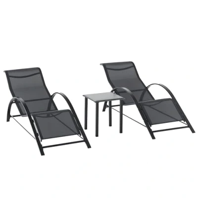 Abbildung von Outsunny 3 TLG. Gartenliege mit Tisch Gartengarnitur 2 Sonnenliegen, 1 Beistelltisch Gartensitzgruppe Gartentischset Metall Mesh Schwarz