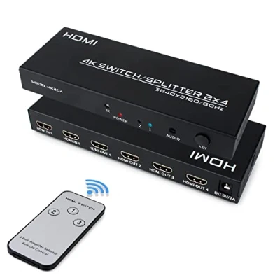 Abbildung von HDMI Switch Splitter 2 in 4 Out, Verteiler Umschalter mit Fernbedienung und SPDIF &amp; 3.5m Audio Unterstützt 4K@60Hz HDCP2.2 HDR, für PC Monitore PS4 TV Laptop Xbox