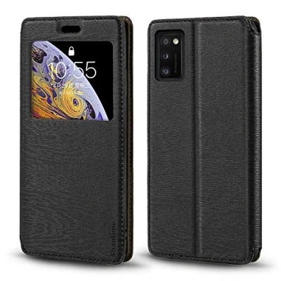 Abbildung von Schutzhülle für Samsung Galaxy A41, Holzmaserung, Leder, mit Kartenhalter und Fenster, magnetisch, Flip Cover A41 (schwarz)