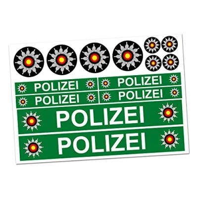 Abbildung von Finest Folia 6 x Polizei Aufkleber Sticker für Auto Boot Caravan Bus Bike Fahrrad Dreirad Rutschauto Spielauto Modellbau Helm RC Car Plakette (R023 Grün)