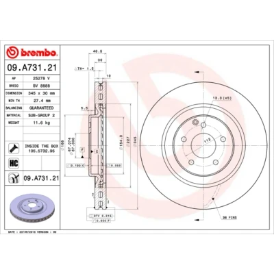 Abbildung von BREMBO COATED DISC LINE 09.A731.21 Bremsscheibe 345 30 5 innenbelüftet beschichtet hochgekohlt mit Schrauben MERCEDES BENZ: C Klasse Limousine
