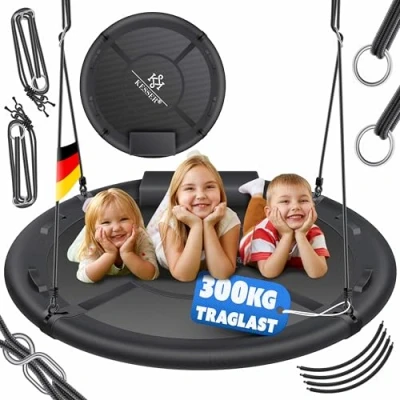 Abbildung von KESSER® Nestschaukel Tellerschaukel Hängeschaukel Rundschaukel Ø 120cm Schaukel bis 300kg belastbar mit Kissen &amp; 4 Griffen verstellbar Kinderschaukel Indoor Outdoor für Kinder Erwachsene Anthrazit
