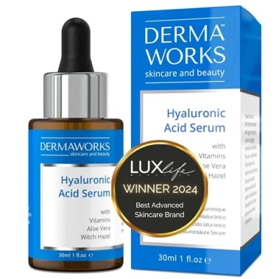 Abbildung von DERMAWORKS Hyaluronic Acid Serum mit Vitamin C, E und Aloe Vera Hyaluronsäure Gesichtspflege Männer Frauen Hyaluron Gesicht Skincare Anti Aging