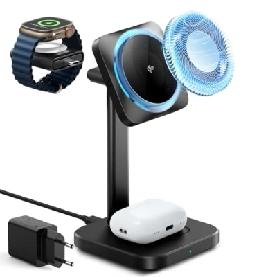 Abbildung von ESR Qi2 3 in 1 kabellose Ladestation mit CryoBoost, [Zertifiziertes] Apple Watch ladegerät &amp; 15W magsafe für iPhone 16/15/14, AirPods, Handy Kühlung kabelloses Ladegerät, Schwarz