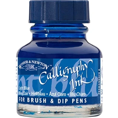 Abbildung von Winsor &amp; Newton 1111350 Kalligraphie Tuschen (für Füllfederhalter oder Schreibfedern, untereinander mischbar, lichtecht, beständige Farbe) 30 ml Flasche hellblau