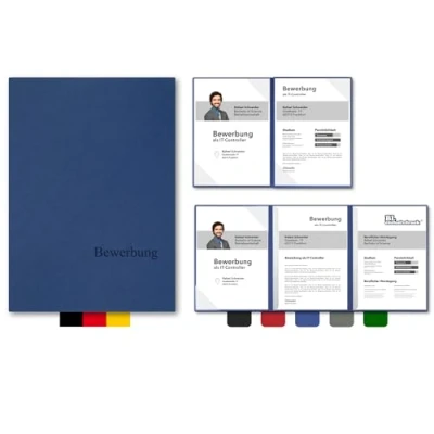 Abbildung von 5 Stück 4 teilige Bewerbungsmappen BL exclusivdruck® MEGA plus in Königsblau Premium Qualität mit edler Relief Prägung &#039;Bewerbung&#039; Produkt Design von &#039;Mario Lemani&#039;