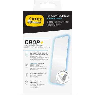 Abbildung von OtterBox Premium Pro Blue Light Glass Displayschutz für iPhone 15 Pro, gehärtetes Glas, überragender Kratzschutz, übersteht Stürze bis zu 1.8m, antimikrobieller Schutz