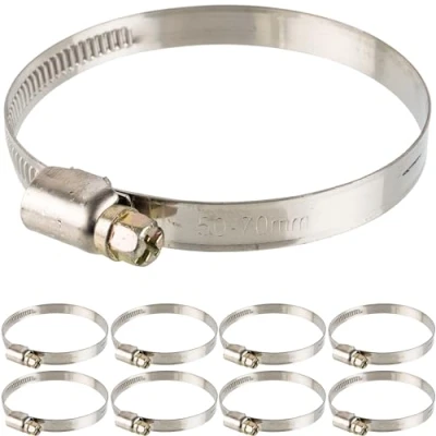 Abbildung von Schlauchschellen mit Schneckenantrieb, 8 Stück, Spannbereich Ø 50 70 mm, für 2 1/2&quot; Schläuche, W2 Stahl, Kreuzschlitz SW 7, 9 mm Bandbreite, zur Fixierung von Waschmaschinen, Spülmaschinen Anschluss