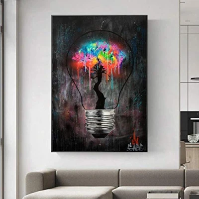 Abbildung von XIANGPEIFBH Glühbirne Graffiti Wandkunst Leinwand Malerei Drucke Abstrakte Straßenwand Bilder für Wohnzimmer Restaurant Dekoration 60x80cm (24 &quot;x32) Ungerahmt