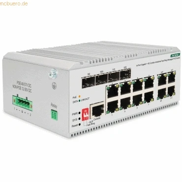 Abbildung von DIGITUS PoE Netzwerk Switch 12 Port Gigabit Ethernet 8X RJ45 + 4X SFP/RJ45 Combo L2 Managed 10/100/1000 Mbit/s Hutschienenmontage Industrial Serie weiß