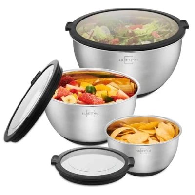 Abbildung von SILBERTHAL Rührschüssel Salatschüssel Set, Edelstahl, (3 tlg), Rutschfest dank Silikonboden, mit integrierter Skala