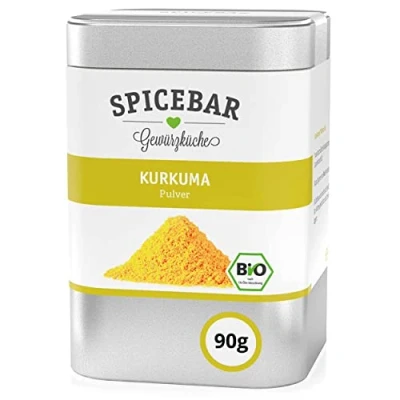 Abbildung von Spicebar Kurkuma Bio Pulver aus Indien mit hohem Curcumin Gehalt Premium Curcuma Gewürz gemahlen im Profi Streuer (90g)
