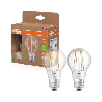 Abbildung von OSRAM LED Superstar Classic Lampe A 75 in klassischer Kolbenform, klarer Glaskörper, 5 W, 1055 lm, E27 Fassung, warmweißes Licht mit 2700 K, EEK A, 60 mm Durchmesser, 2er Pack