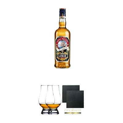 Abbildung von Linie Aquavit Norwegen 0,7 Liter + The Glencairn Glas Stölzle 2 Stück Schiefer Glasuntersetzer eckig ca. 9,5 cm Ø