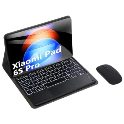 Abbildung von HLTOOP Tastatur Hülle für Xiaomi Pad 6S Pro (2024) 12,4 Zoll, 7 Farbige Bluetooth mit Hintergrundbeleuchtung Und Touchpad, Weiche TPU Rückseite, Maus,Schwarz