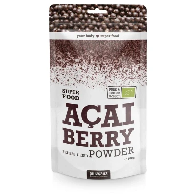 Abbildung von Acai Beeren Pulver Bio reich an Vitaminen und Ballaststoffen. Optimaler Nährstofferhalt durch Gefriertrocknung