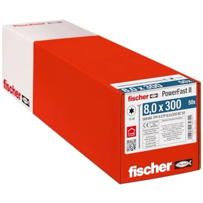Abbildung von fischer PowerFast II CTP 8,0 x 300, kraftvolle Holzbauschraube mit Senkkopf, Innenstern Aufnahme und Teilgewinde, für den konstruktiven Holzbau, 50 Stk.
