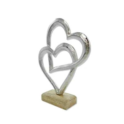 Abbildung von Metall Figur Zwei Herzen auf Holz Fuß 15 x 20cm Dekofigur Tisch Deko Metallherz Skulptur