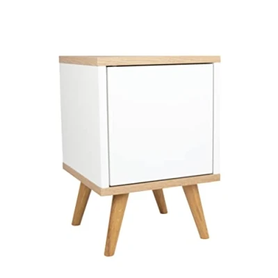 Abbildung von Nachtschrank Weiss Eiche mit Regal und Türen Kleiner Couchtisch Weiß Beistelltisch Holz Seitenschrank Nachtkästchen auf Holzbeinen
